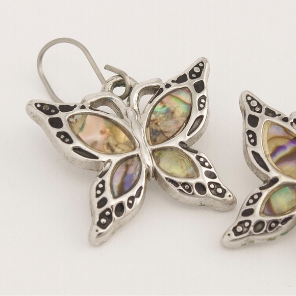 Abalone Shell Inlay Butterfly Dangle Earrings Silver Tone - Picture 2 of 4